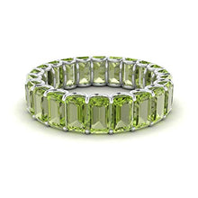 Load image into Gallery viewer, Diamondere Natural and Certified Peridot Wedding Ring in 14K White Gold | 6.25 Carat Emerald Cut Full Eternity Stackable Band Size 6.5
