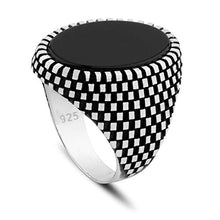 Load image into Gallery viewer, Chicotta Men’s Knight Armor Design Sterling Silver Ring with Black Onyx Gemstone
