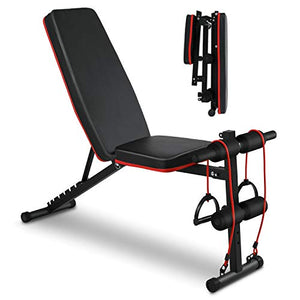 Weight Bench Adjustable Bench Press for Full Body Workout Foldable Incline/Decline Strength Training Fitness Benches with Resistance Bands for Home Gym Exercise