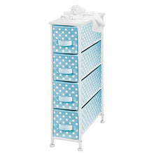 Load image into Gallery viewer, mDesign Narrow Vertical Dresser Drawers - Sturdy Steel Frame, Wood Top, 4 Easy Pull Fabric Bins - Organizer Unit for Child/Kids Room or Nursery - Polka Dot Pattern - Turquoise Blue with White Dots
