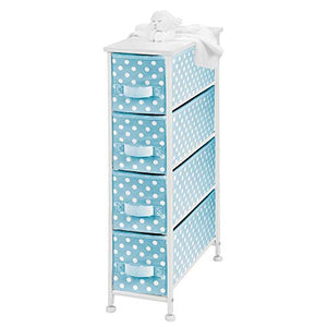 mDesign Narrow Vertical Dresser Drawers - Sturdy Steel Frame, Wood Top, 4 Easy Pull Fabric Bins - Organizer Unit for Child/Kids Room or Nursery - Polka Dot Pattern - Turquoise Blue with White Dots