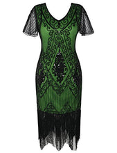 Load image into Gallery viewer, PrettyGuide Women's 1920s Dress Art Deco Sequin Fringed Flapper Dress L Black Green
