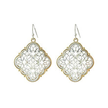 Load image into Gallery viewer, Rosemarie Collections Women's Two Tone Metal Filigree Quatrefoil Dangle Earrings (Silver)
