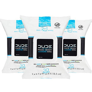 DUDE Face & Body Wipes (3 Packs, 30 Wipes Each) Unscented for Sensitive Skin Infused with Refreshing Sea Salt & Soothing Aloe, Moisturizing Face Cleansing Cloths for Men