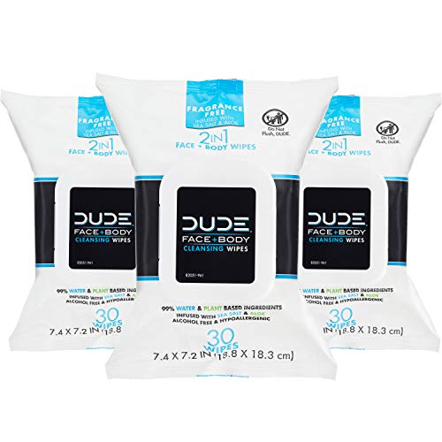 DUDE Face & Body Wipes (3 Packs, 30 Wipes Each) Unscented for Sensitive Skin Infused with Refreshing Sea Salt & Soothing Aloe, Moisturizing Face Cleansing Cloths for Men