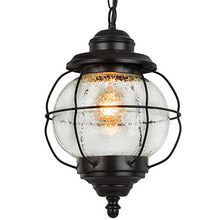 Load image into Gallery viewer, LALUZ Outdoor Hanging Lantern Porch Painted Black Metal with Clear Bubbled Glass Globe in Iron Cage Frame, 1-Light Light, 10.2&quot; Exterior Pendant Lighting for Garage
