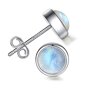 Angol Sterling Silver Moonstone Stud Earrings for Women Girls, 925 Hypoallergenic Rainbow Moonstone Earrings, 5MM Tiny Cute Round Natural Gemstone Earrings Birthday Christmas Gift with Box (White, 5)