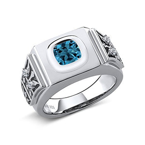Gem Stone King 2.78 Ct Cushion London Blue Topaz White Topaz 925 Sterling Silver Men's Ring (Size 10)
