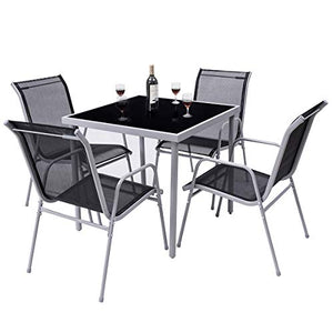 Giantex Dining Table Set Bistro Set with 1 Table and 4 Chairs Indoor Outdoor Garden Patio Dining Furniture with Tempered Glass Tabletop and Steel Frame (Black)