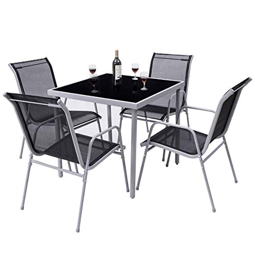 Giantex Dining Table Set Bistro Set with 1 Table and 4 Chairs Indoor Outdoor Garden Patio Dining Furniture with Tempered Glass Tabletop and Steel Frame (Black)