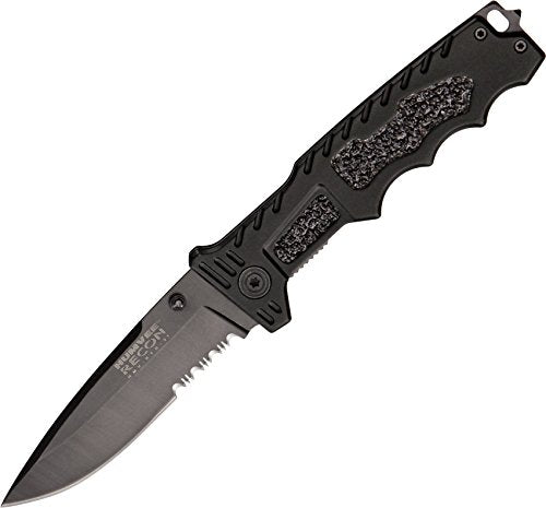 Humvee HMV-KTR-01 Recon 1 Folding Knife with Partially Serrated Stainless Steel Blade and Rear Glass Breaker, Black