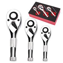 Load image into Gallery viewer, TOMMARS 1/4, 3/8, 1/2 Inch Drive Stubby Ratchet Set Mini Ratchet Quick-Release Head 72-Tooth 3-Piece
