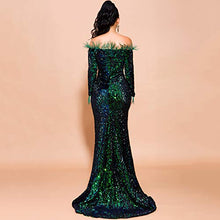 Load image into Gallery viewer, Lin Lin Q Sexy Off Shoulder Feather Long Sleeve Sequin Floor Length Evening Party Maxi Dress Green S
