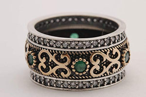 Handmade Turkish Authentic Jewelry Round Shape Cut Emerald Topaz 925 Sterling Silver Band Ring for Gift for Ladies Size ALL