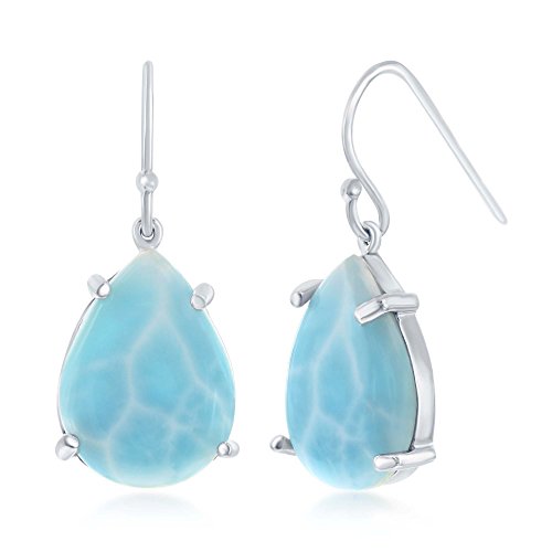 Sterling Silver High Polish Natural Larimar Four-Prong Pear-Shaped Earrings