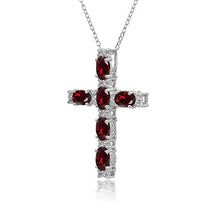 Load image into Gallery viewer, Sterling Silver Synthetic Ruby Oval-Cut Cross Pendant Necklace with White Topaz Accents
