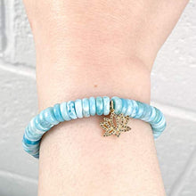 Load image into Gallery viewer, Diamond 14k Gold Lotus Flower Charm on Larimar Bracelet - 7 inches Long Elastic Thread Stretchy Handmade Bracelet by Miller Mae Designs
