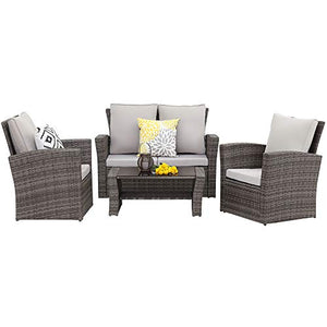 Wisteria Lane 4 Piece Outdoor Patio Furniture Sets, Wicker Conversation Set for Porch Deck, Gray Rattan Sofa Chair with Cushion