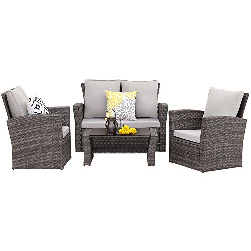 Wisteria Lane 4 Piece Outdoor Patio Furniture Sets, Wicker Conversation Set for Porch Deck, Gray Rattan Sofa Chair with Cushion