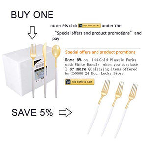 144 PCS Disposable Gold Silverware, Plastic Flatware with White Handle, Gold Plastic Cutlery Includes: 48 Forks, 48 Knives and 48 Spoons (GOLD)