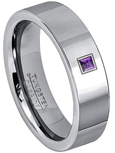 0.05ctw Solitaire Princess Cut Amethyst Tungsten Ring - 6MM Polished Finish Pipe Cut Tungsten Carbide Wedding Band - February Birthstone Ring - s10.5