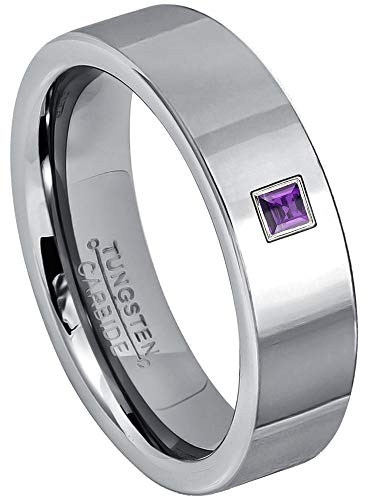 0.05ctw Solitaire Princess Cut Amethyst Tungsten Ring - 6MM Polished Finish Pipe Cut Tungsten Carbide Wedding Band - February Birthstone Ring - s10.5