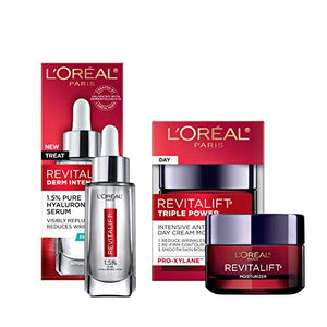 L'Oreal Paris Revitalift Anti-Aging Skin Care Regimen Kit with Hyaluronic Acid Facial Serum and Triple Power Face Moisturizer, Paraben and Fragrance Free, 2 count