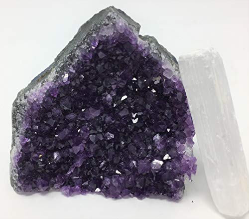 Load image into Gallery viewer, SUPERIOR Amethyst Cluster - 1/2 to 1 lb - Uruguayan Amethyst Crystals. Includes a Bonus 3 inch Selenite Wand in a Velvet Bag.