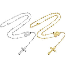 Load image into Gallery viewer, THUNARAZ 2 Pcs Rosary Cross Necklace for Women Saint Beads Chain Virgin Mary Pendant Y Necklace Medallion Design Stainless Steel Double Pendant Chain Necklace
