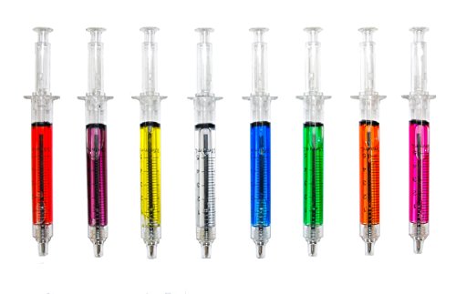 8 Syringe Designed Pens, 8 Different Coloured Syringe Pen All Black Ink Great for Nurse Costume or Doctor Gift