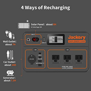 Jackery Portable Power Station Explorer 1000, 1002Wh Solar Generator (Solar Panel Optional) with 3x110V/1000W AC Outlets, Solar Mobile Lithium Battery Pack for Outdoor RV/Van Camping, Emergency