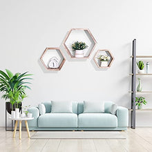 Load image into Gallery viewer, WONFUlity Hexagon Floating Shelves Wall Mounted Wood Farmhouse Storage Honeycomb Wall Shelf, Hexagonal Wall Shelves for Bedroom, Living Room, Office, 3pc, Rustic Fire Roast
