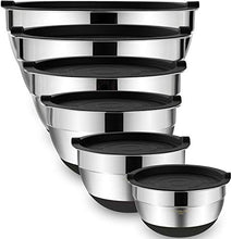 Load image into Gallery viewer, Mixing Bowls with Airtight Lids，6 piece Stainless Steel Metal Nesting Storage Bowls by Umite Chef, Non-Slip Bottoms Size 7, 3.5, 2.5, 2.0,1.5, 1QT, Great for Mixing &amp; Serving(Black)
