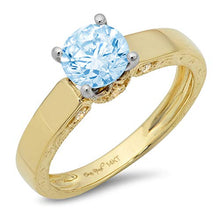 Load image into Gallery viewer, 1.64ct Brilliant Round Cut Solitaire Aquamarine Blue Ideal VVS1 Simulated Diamond CZ Engagement Promise Statement Anniversary Bridal Wedding with accent Ring 14k 2 tone Gold Size 4
