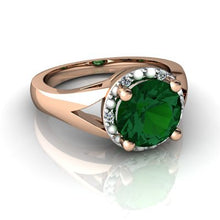 Load image into Gallery viewer, 14kt Rose Gold Lab Emerald and Diamond 8mm Round Halo Split Band Ring - Size 6

