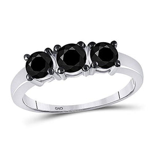 10k White Gold Round Black Color Enhanced Diamond 3-stone Bridal Wedding Ring 1 Cttw