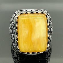 Load image into Gallery viewer, Men Silver Ring, Amber Stone Ring, Honey Amber Gemstone, Embroidered Ottoman Jewelry, 925 Sterling Silver Ring, Gifts for Him
