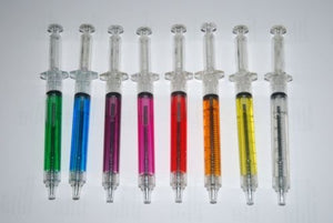 8 Syringe Designed Pens, 8 Different Coloured Syringe Pen All Black Ink Great for Nurse Costume or Doctor Gift