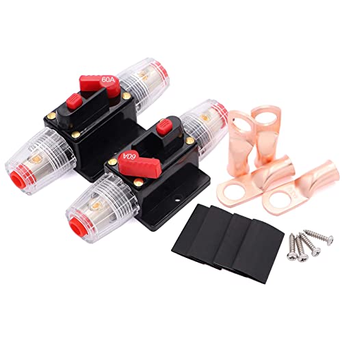 2 Pack Inline 60amp Circuit Breaker with Manual Reset Fuse Holder for Car Audio Marine Boat Stereo，with Wire Lugs and Heat Shrink Tube