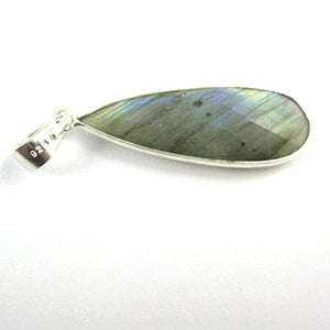 Bezel Gem Pendant with Bail - Labradorite - Sterling Silver Elongated Teardrop Faceted Gemstone Pendant-40mm