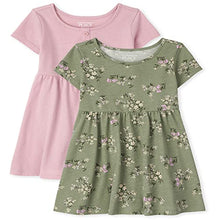 Load image into Gallery viewer, The Children's Place Baby Toddler Girl Short Sleeve Floral Print and Solid Henley Knit Babydoll Dress 2-Pack, Misty Glen, 2T
