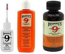Load image into Gallery viewer, Hoppes 9 Elite Gun Cleaning kit - Gun Bore Cleaner and Lubricant Oil with 14.9 ML Precision Lubricator and 25-40 Patches for .38, 9mm.40.44 and .45 Caliber
