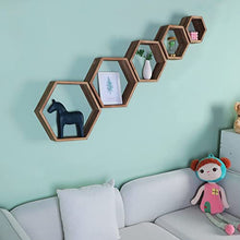 Load image into Gallery viewer, Hexagon Floating Shelves,Wall Mounted Wood Farmhouse Storage Honeycomb Wall Shelf Set of 5,for Bathroom, Kitchen, Bedroom, Living Room,Office,Driftwood Finish (Carbonized Black)
