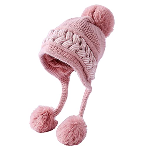 Tangjun Womens Winter Warm Beanie Knit Fur Lining Ear Flaps Cozy Cap Pompom Hat (Pink)