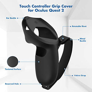 KIWI design Silicone Grip Cover for Meta/Oculus Quest 2 Accessories, Protector with Knuckle Straps (Black, 1 Pair)