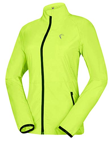 Shelcup Women's Packable Windbreaker Jacket, Lightweight and Visible, Active Cycling Running Skin Coat, Fluorescent green L