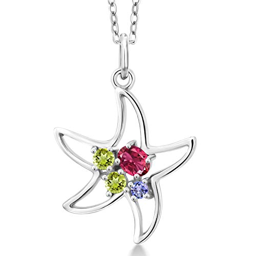Gem Stone King 0.33 Ct Oval Pink Tourmaline Green Peridot 925 Sterling Silver Starfish Necklace