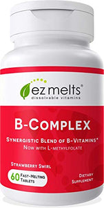 EZ Melts B-Complex with Methylcobalamin and Methylfolate, Sublingual Vitamins, Vegan, Zero Sugar, Natural Strawberry Flavor, 60 Fast Dissolve Tablets