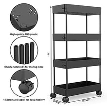 Load image into Gallery viewer, AOJIA 4 Tier Utility Cart, Bathroom Storage Cart Organizer Mobile Shelf Units Black Bathroom Cart with Wheels for Bathroom, Bedroom, Kitchen Laundry Narrow Places
