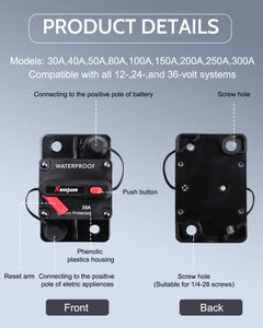 Xenjum 50 Amp Circuit Breaker Kit, Professional Amp Breaker with Fuse Manual Reset Switch for RV Marine Boat Truck Yacht Battery Trailer Audio System Protection Modification,12-48V DC, Waterproof